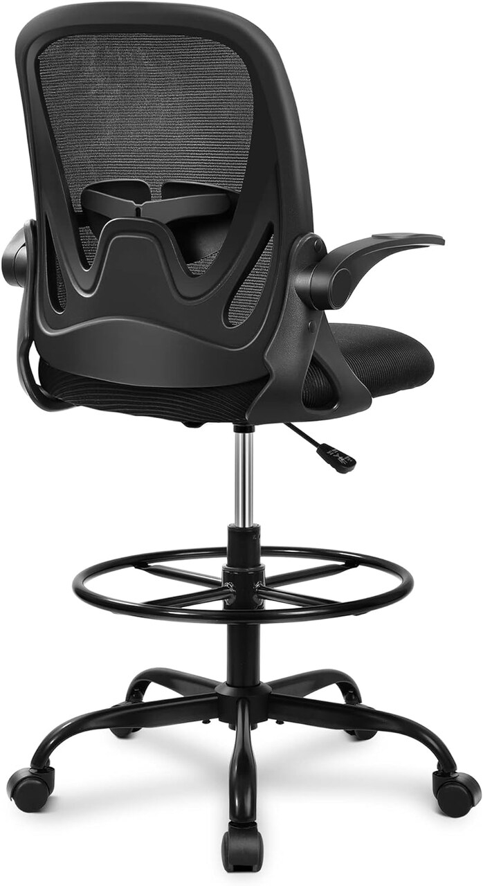 Drafting Chair Tall Office Chair with Flip-up Armrests Executive Ergonomic Computer Standing Desk Chair with Lumbar Support and Adjustable Footrest Ring (Black)